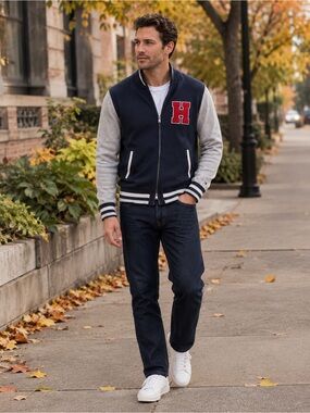 Tommy Hilfiger Men’s Varsity Letterman Sweater Jacket Small Cotton Zip Up